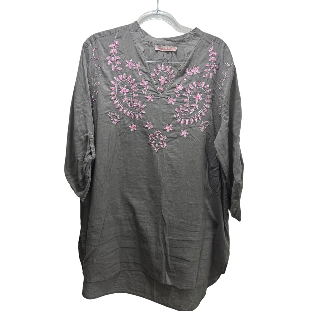 Fresh Produce Gauzy Boho Cottagecore‎ Embroidered Tunic Top XL/ XXL Gray Pink